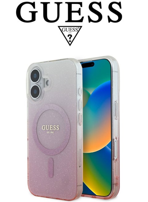 iPhone 16 Case, phone case supports magsafe and wireless charging, iphone case with elegant gradient Pink design with original logo and design approved by the global brand GUESS