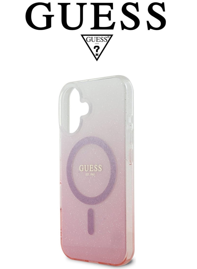 iPhone 16 Case, phone case supports magsafe and wireless charging, iphone case with elegant gradient Pink design with original logo and design approved by the global brand GUESS