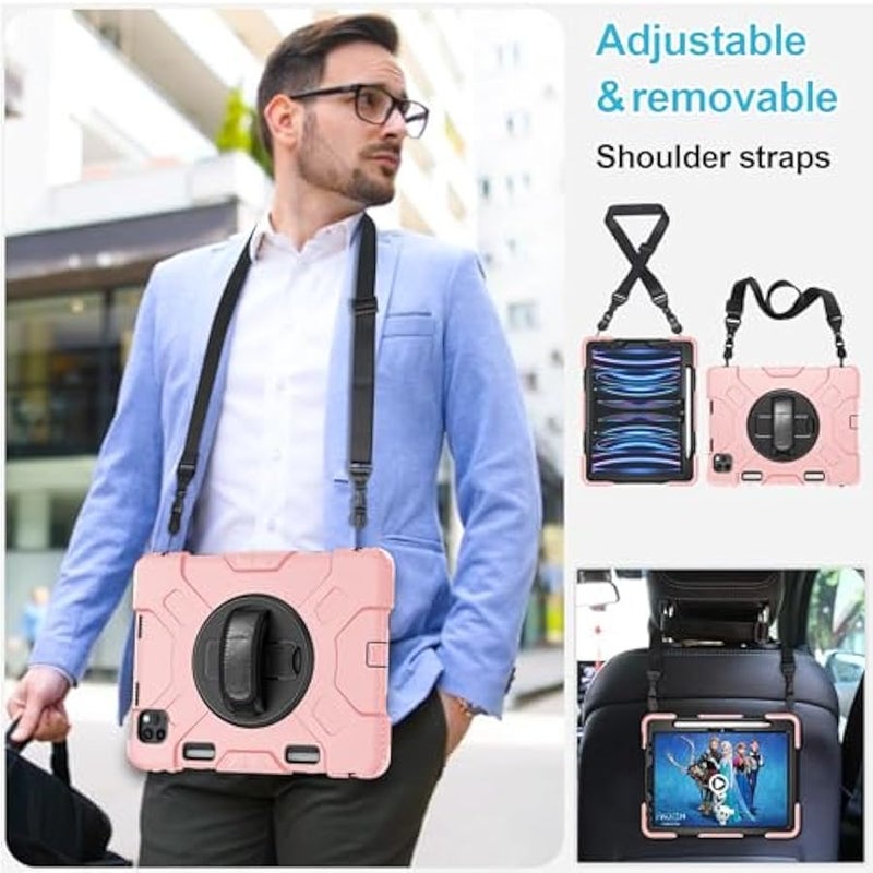 Case for iPad Pro 11 Inch 2022/2021/ 2020/2018: Silicone Cover for iPad 11 Inch 4th/ 3rd/ 2nd/ 1st/ Generation with Screen Protector- Stand- Handle- Shoulder Strap- Pencil Holder- Rose Gold - Image 5