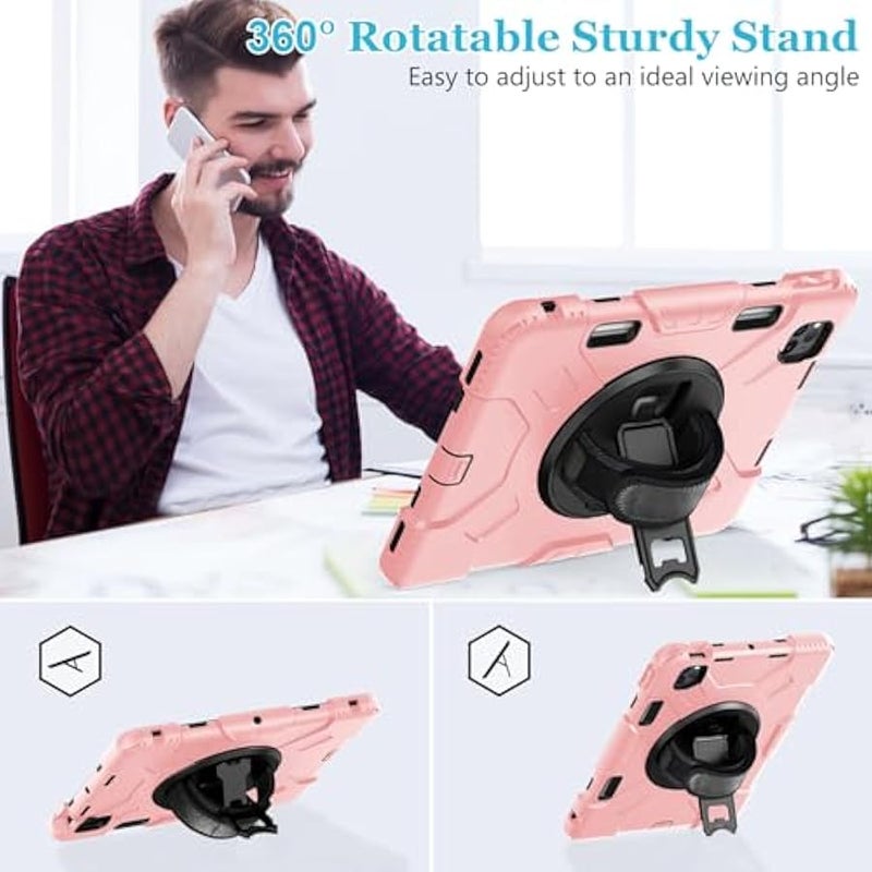 Case for iPad Pro 11 Inch 2022/2021/ 2020/2018: Silicone Cover for iPad 11 Inch 4th/ 3rd/ 2nd/ 1st/ Generation with Screen Protector- Stand- Handle- Shoulder Strap- Pencil Holder- Rose Gold - Image 3