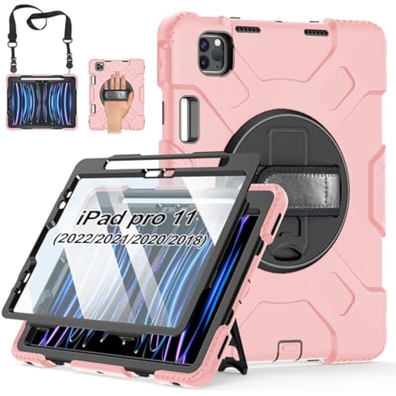 Case for iPad Pro 11 Inch 2022/2021/ 2020/2018: Silicone Cover for iPad 11 Inch 4th/ 3rd/ 2nd/ 1st/ Generation with Screen Protector- Stand- Handle- Shoulder Strap- Pencil Holder- Rose Gold - Image 1