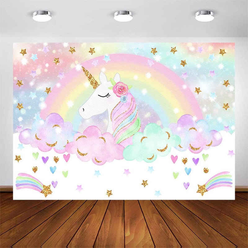 Avezano Rainbow Unicorn Birthday Party Photoshoot Background - Magical Glitter Star Rainbow Sky Unicorn Parties Decorations 7x5ft - Image 1