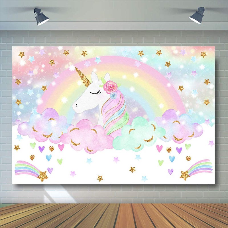 Avezano Rainbow Unicorn Birthday Party Photoshoot Background - Magical Glitter Star Rainbow Sky Unicorn Parties Decorations 7x5ft - Image 3