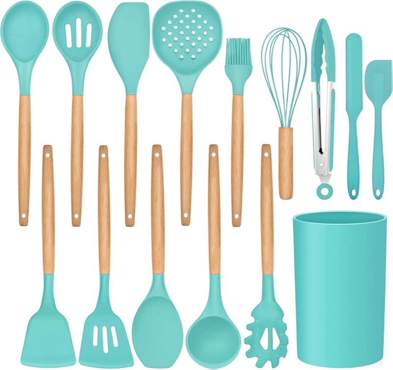 LIANYU Kitchen Silicone Cooking Utensils Set with Holder, Green