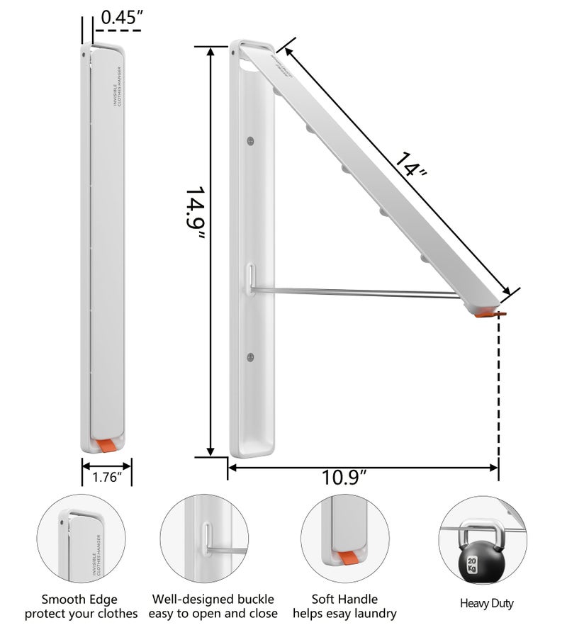 Dr.DJ Clothes Drying Rack, Wall-Mounted Retractable & Foldable Clothes Hanger for Laundry Room Organization and Storage, Clothes Hanger Rack for Dorm, Closet, Balcony(1 Pack, White) - Image 2