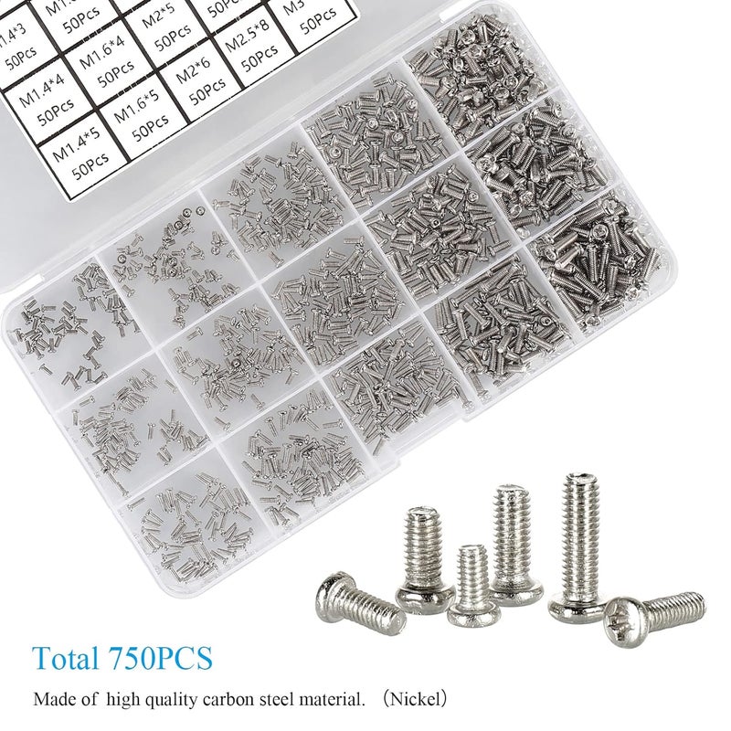 HanTof 750pcs M1.4/M1.6/M2/M2.5/M3 Phillips Pan Head Small Machine Screws,Tiny Screw,Micro Little Screws,Mini Screw Assortment Kit for Watch,Toy,Electronic Equipment Repair,Nickel-Plated Carbon Steel - Image 2