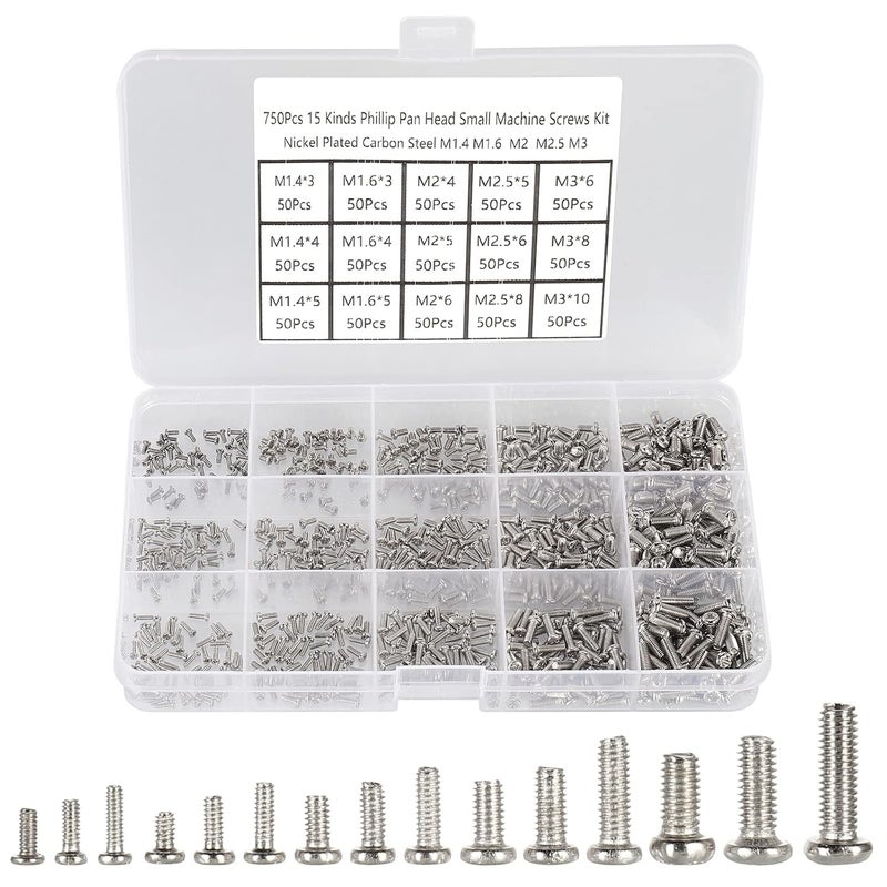 HanTof 750pcs M1.4/M1.6/M2/M2.5/M3 Phillips Pan Head Small Machine Screws,Tiny Screw,Micro Little Screws,Mini Screw Assortment Kit for Watch,Toy,Electronic Equipment Repair,Nickel-Plated Carbon Steel - Image 1