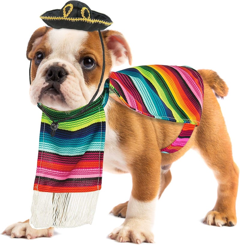 Skeleteen Mexican Serape Dog Costume  Cinco de Mayo Poncho and Sombrero Costumes for Pets Size L  Small Breeds Multicolored - Image 1