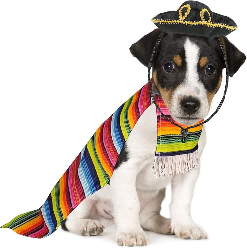 Skeleteen Mexican Serape Dog Costume  Cinco de Mayo Poncho and Sombrero Costumes for Pets Size L  Small Breeds Multicolored - Image 5