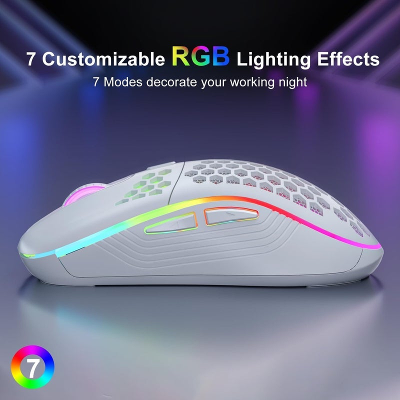 ماوس لاسلكي ماوس ألعاب لاسلكي، ماوس حاسوب قابل لإعادة الشحن مع إضاءة خلفية RGB، 6 أزرار قابلة للتعديل، هيكل خفيف الوزن بنمط خلية النحل لأجهزة اللابتوب والحاسوب وغيرها (أبيض لاسلكي) - Image 4