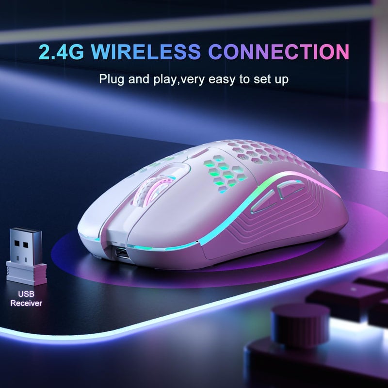 ماوس لاسلكي ماوس ألعاب لاسلكي، ماوس حاسوب قابل لإعادة الشحن مع إضاءة خلفية RGB، 6 أزرار قابلة للتعديل، هيكل خفيف الوزن بنمط خلية النحل لأجهزة اللابتوب والحاسوب وغيرها (أبيض لاسلكي) - Image 3