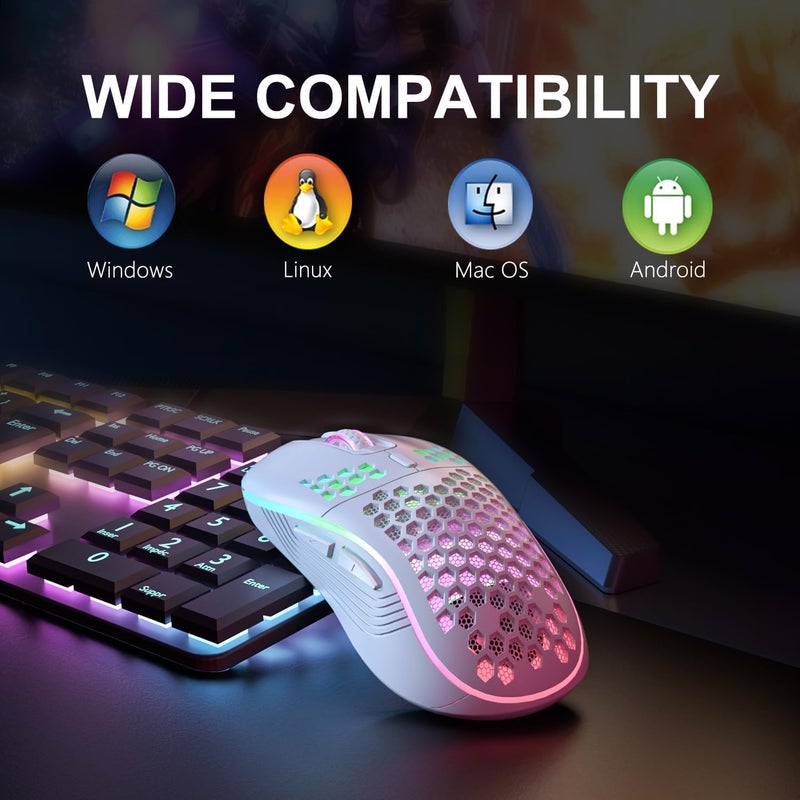 ماوس لاسلكي ماوس ألعاب لاسلكي، ماوس حاسوب قابل لإعادة الشحن مع إضاءة خلفية RGB، 6 أزرار قابلة للتعديل، هيكل خفيف الوزن بنمط خلية النحل لأجهزة اللابتوب والحاسوب وغيرها (أبيض لاسلكي) - Image 2