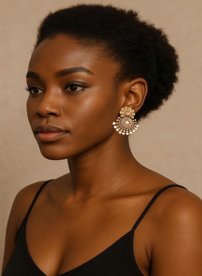 Touchstone Indian bollywood ancient southern gold jewelry inspired bridal jewelry earrings with faux pearls for women in antique tone and oxidized. - Image 3