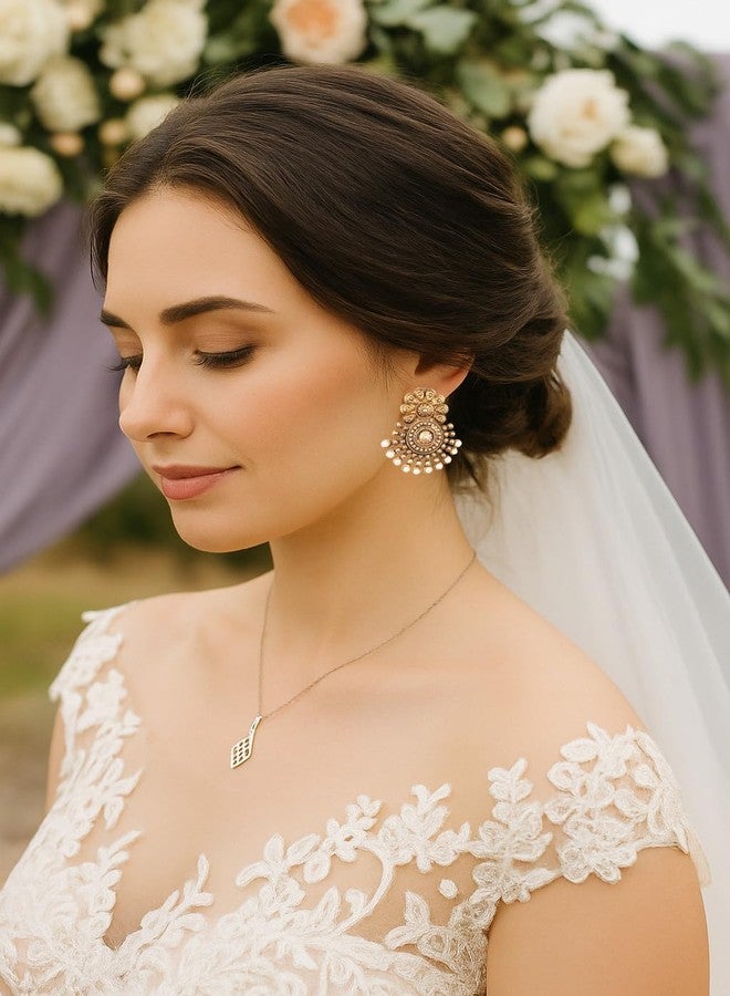 Touchstone Indian bollywood ancient southern gold jewelry inspired bridal jewelry earrings with faux pearls for women in antique tone and oxidized. - Image 2