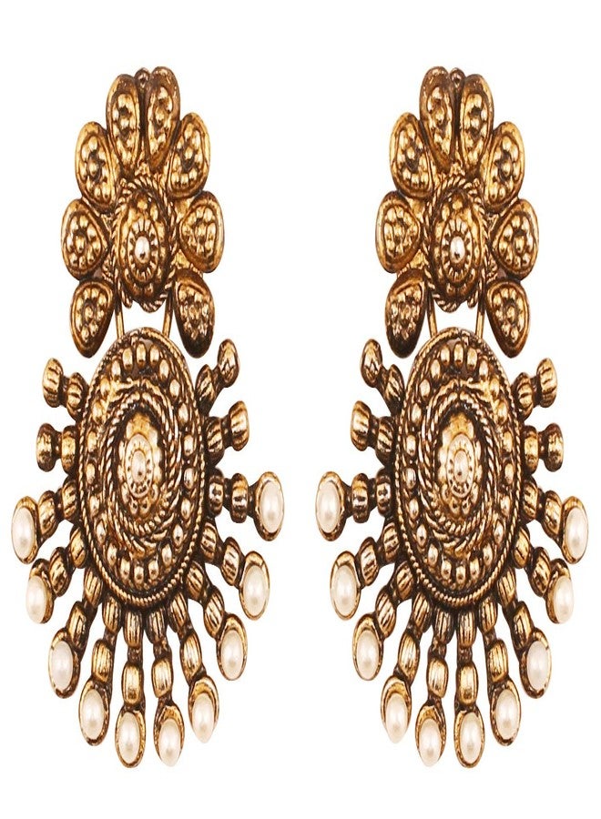 Touchstone Indian bollywood ancient southern gold jewelry inspired bridal jewelry earrings with faux pearls for women in antique tone and oxidized. - Image 1