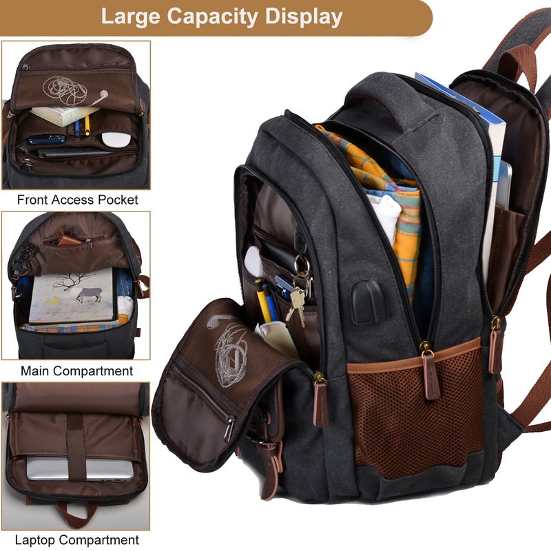 Mactso Canvas Travel Laptop Backpack for Men Women, Business Work Rucksack College Computer Bag Fits 17.3 Inch Notebook,Bookbag with USB Charging Port (Black, 17.3 Inch) - Image 3