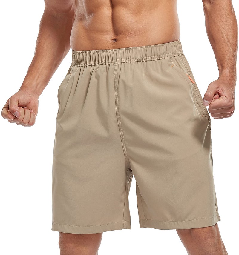 SPOSULEI Men's Athletic Shorts Quick Dry Lightweight Gym Running Casual 7 Inch Inseam Shorts with Zipper Pockets Khaki 3X-Large - Image 2