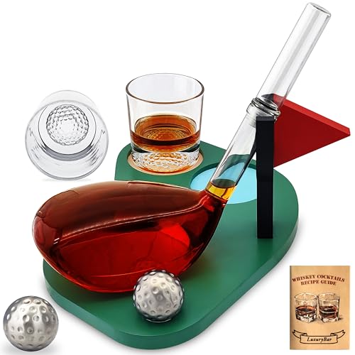 LuxuryBar Golf Whiskey Decanter Set 25.4oz Whiskey Decanter Sets for Men with 2 Chiller, 2 Glasses&Tray, Golf Accessories for Mens Bourbon Golf Gifts for Men Dad Him Husband Boyfriend Liquor Dispenser - Image 1
