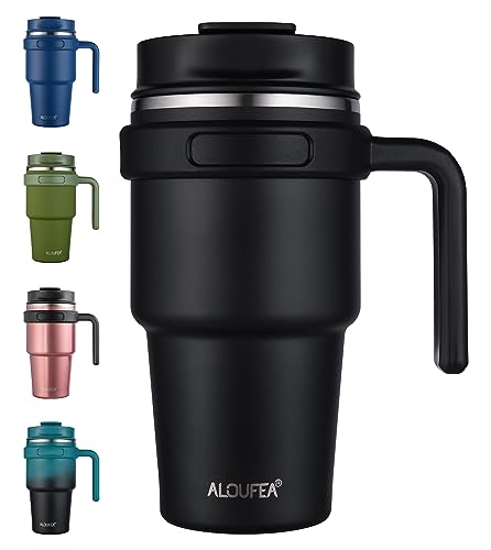 ALOUFEA 20 oz Insulated Coffee Mug Tumbler with Handle, Stainless Steel Travel Mug Tumbler with Lid and Straw,Double Wall Vacuum Leak Proof Ice Coffee Thermal Cup, Black - Image 1