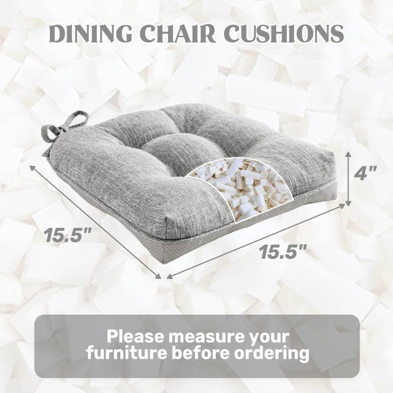 puredownÂ® Chair Cushions for Dining Chairs, Tufted Memory Foam Chair Pads with Non-Slip Backing, Kitchen Seat Cushions with Ties, Washable Seat Pad Set of 4, 15.5" x 15.5" x 4", Light Grey - Image 2