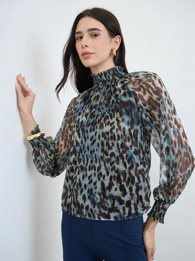 Styli Animal Print Lurex Semi Sheer Blouse