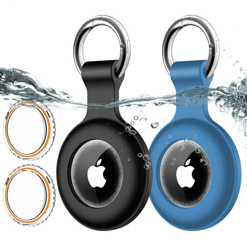 xiwxi حامل متوافق مع Apple Airtag 2 عبوة مع سلسلة مفاتيح، غلاف GPS مقاوم للماء IPX8 لأجهزة Air-Tags مضاد للصدمات [مضاد للخدش] لحالات العثور على العناصر للحيوانات الأليفة، الأطفال، الأمتعة - أسود + أزرق - Image 1