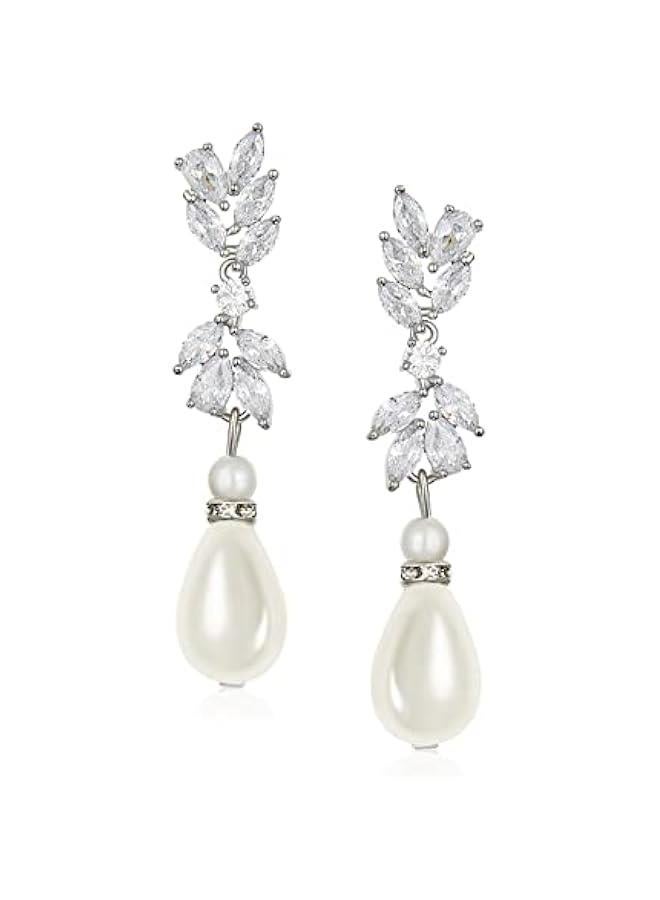 Cubic Zirconia Pearl Drop Wedding Earrings for Brides, Ivory Bridal Pearl Earrings for Bridesmaid Jewelry Gift - Image 1