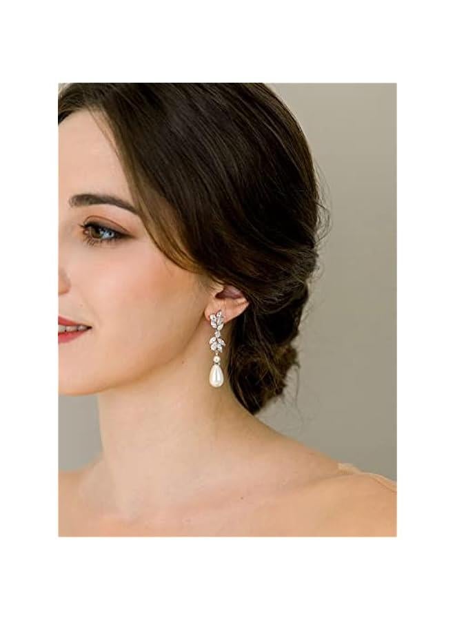 Cubic Zirconia Pearl Drop Wedding Earrings for Brides, Ivory Bridal Pearl Earrings for Bridesmaid Jewelry Gift - Image 2