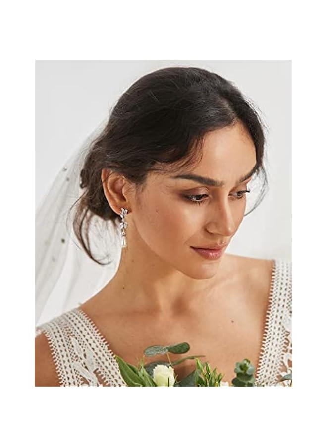 Cubic Zirconia Pearl Drop Wedding Earrings for Brides, Ivory Bridal Pearl Earrings for Bridesmaid Jewelry Gift - Image 3
