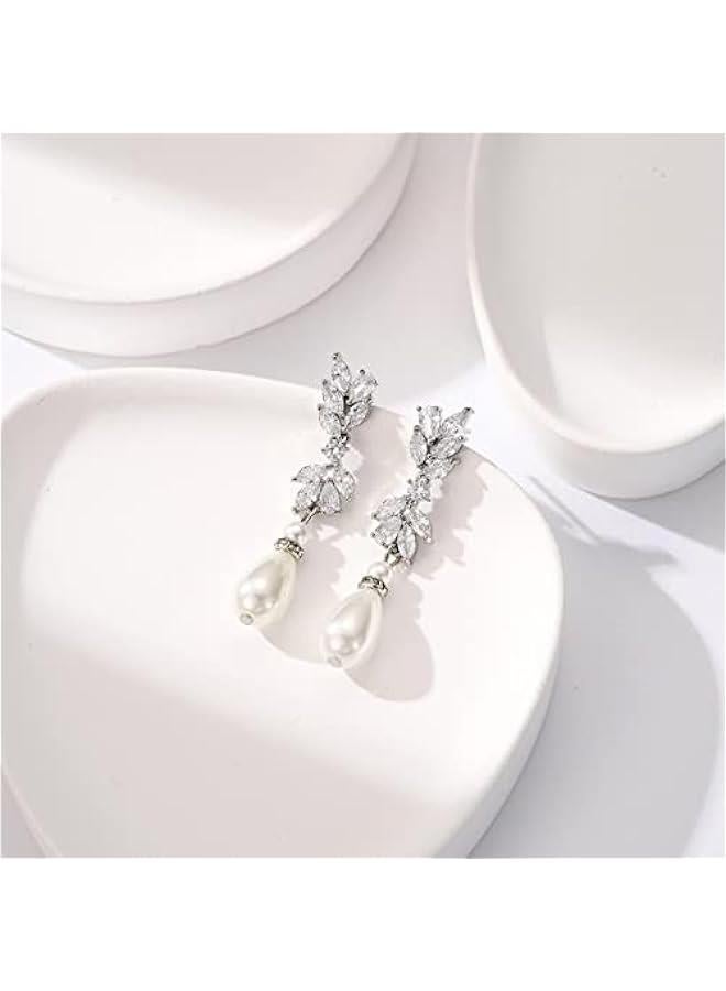 Cubic Zirconia Pearl Drop Wedding Earrings for Brides, Ivory Bridal Pearl Earrings for Bridesmaid Jewelry Gift - Image 4