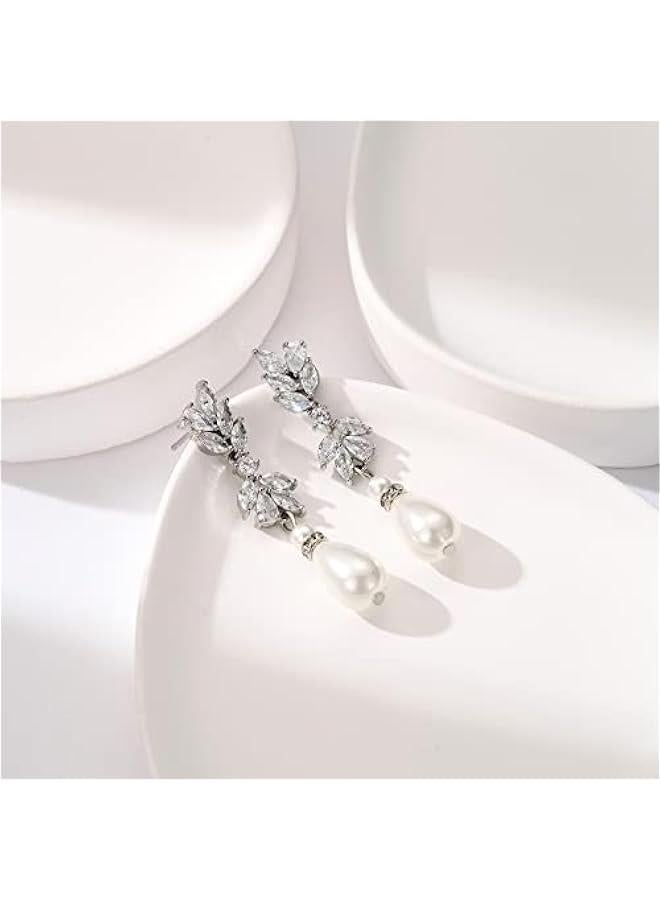 Cubic Zirconia Pearl Drop Wedding Earrings for Brides, Ivory Bridal Pearl Earrings for Bridesmaid Jewelry Gift - Image 5