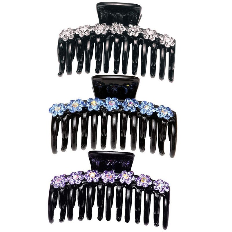 LONEEDY 3PCS Strong Hold Hair Claw Clips, Rhinestone Flower Double Teeth Jaw Clips (L-White + purple + blue) - Image 3