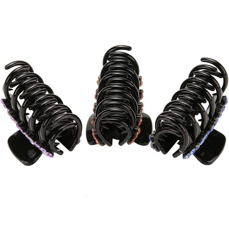 LONEEDY 3PCS Strong Hold Hair Claw Clips, Rhinestone Flower Double Teeth Jaw Clips (L-White + purple + blue) - Image 5