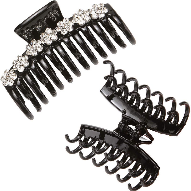 LONEEDY 3PCS Strong Hold Hair Claw Clips, Rhinestone Flower Double Teeth Jaw Clips (L-White + purple + blue) - Image 2