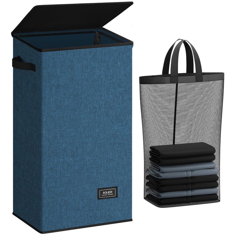 SOLEDI Laundry Hamper with Lid 100L Large  Tall Collapsible Laundry Baskets Clothes Hamper with Bag Removable Easy to Carry Dirty Hampers for Bedroom Bathroom Dorm College Blue