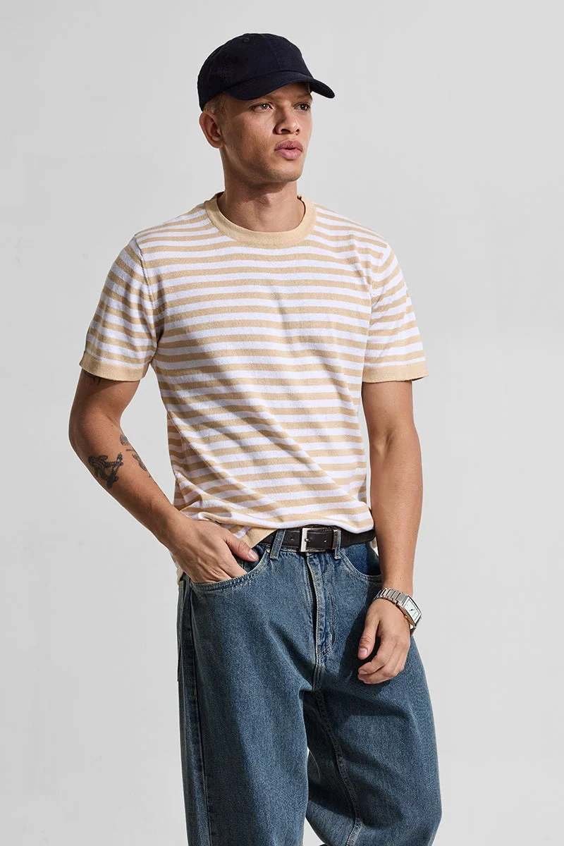 SNITCH Beige Stripes Slim Fit T-Shirt