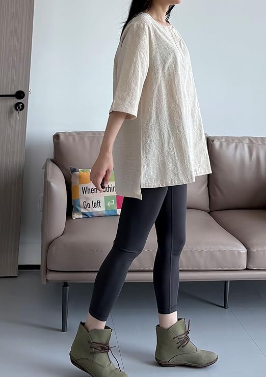 Minibee Women's 3/4 Sleeve Cotton Linen Jacquard Blouses Top T-Shirt Apricot L - Image 3