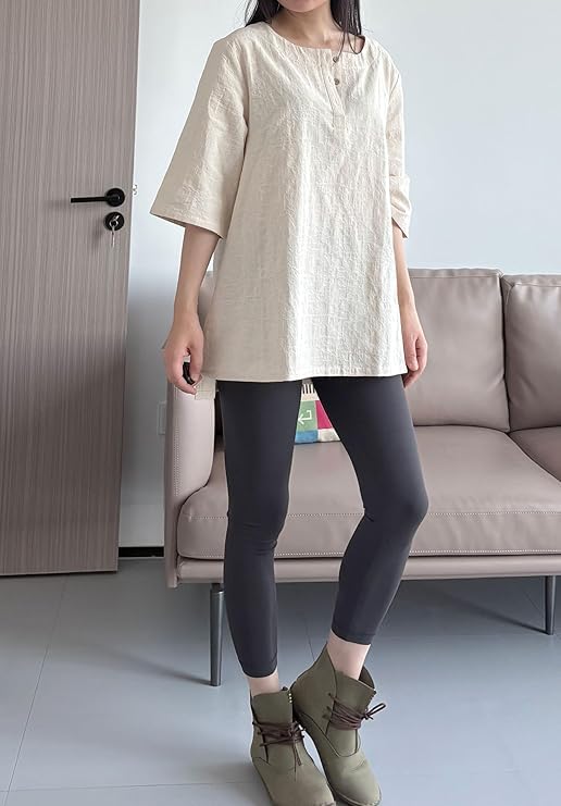 Minibee Women's 3/4 Sleeve Cotton Linen Jacquard Blouses Top T-Shirt Apricot L - Image 2