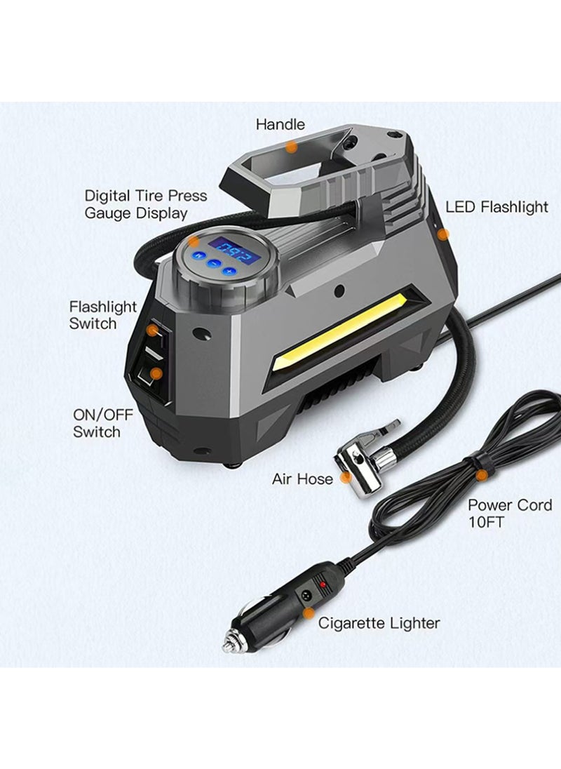 Rock Pow - Tyre Inflator Air Compressor 12V, Portable Electric Car Tyre Pump with Tyre Pressure Gauge, Auto-Stop Car Air Pump with Valve Adaptors and LED Light, Car Accessories, Yellow - Image 1