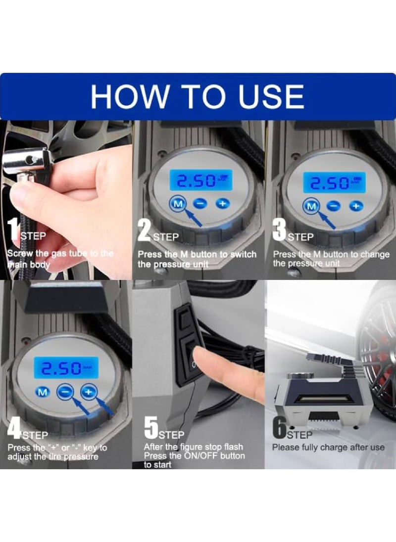 Rock Pow - Tyre Inflator Air Compressor 12V, Portable Electric Car Tyre Pump with Tyre Pressure Gauge, Auto-Stop Car Air Pump with Valve Adaptors and LED Light, Car Accessories, Yellow - Image 1