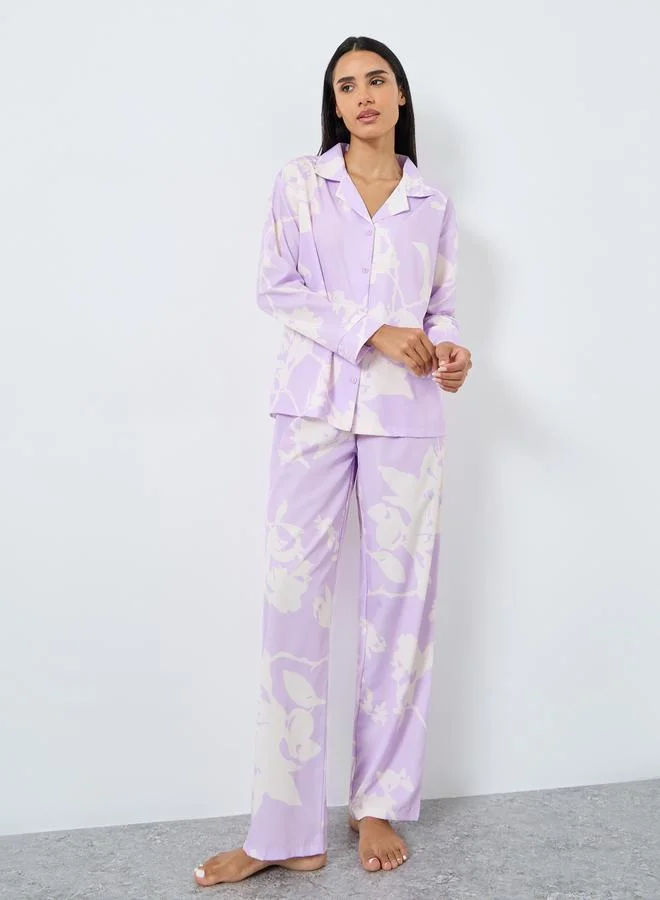 Styli Styli Large Scale Tonal Floral Print Shirt and Pyjama Set