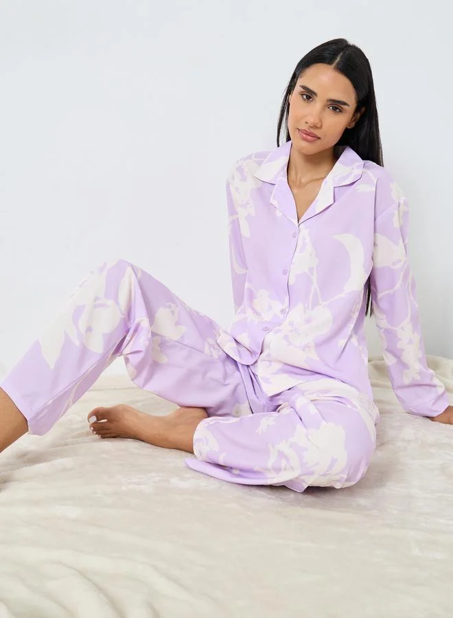Styli Styli Large Scale Tonal Floral Print Shirt and Pyjama Set