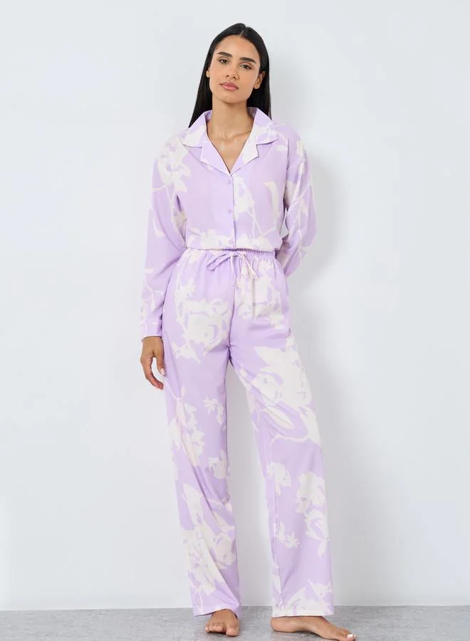 Styli Styli Large Scale Tonal Floral Print Shirt and Pyjama Set