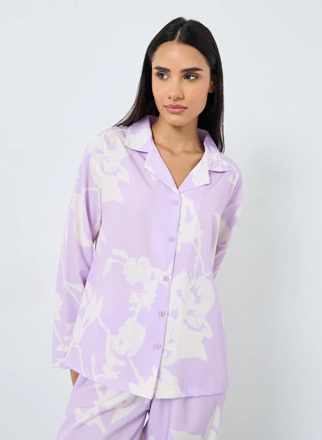 Styli Styli Large Scale Tonal Floral Print Shirt and Pyjama Set