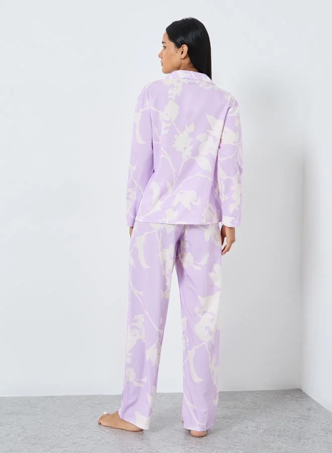 Styli Styli Large Scale Tonal Floral Print Shirt and Pyjama Set