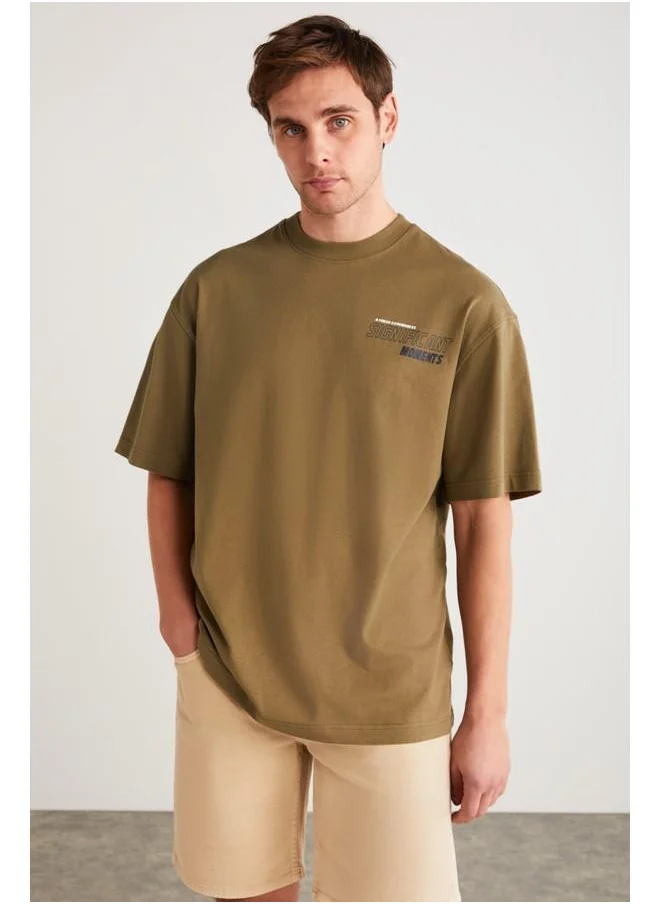 جريميلانج Grimelange Allen Men's Cotton Front and Back Printed Short Sleeve Oversize Khaki T-Shirt
