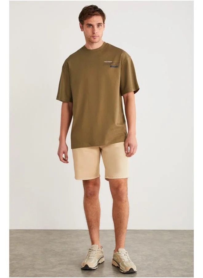 جريميلانج Grimelange Allen Men's Cotton Front and Back Printed Short Sleeve Oversize Khaki T-Shirt