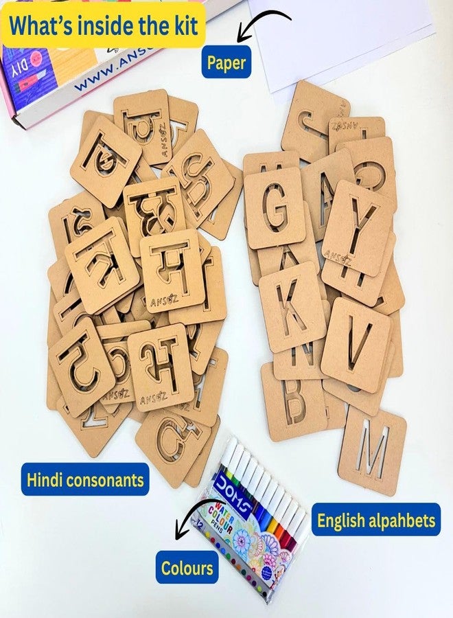 ANSOZ Hindi Vowel Alphabet Stencils Learning Kit, Educational Set with Sketch Pens and Papers (English and Hindi Consonants Combo) - Image 3