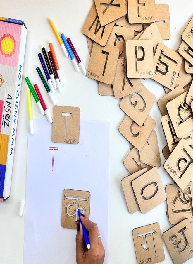 ANSOZ Hindi Vowel Alphabet Stencils Learning Kit, Educational Set with Sketch Pens and Papers (English and Hindi Consonants Combo) - Image 1