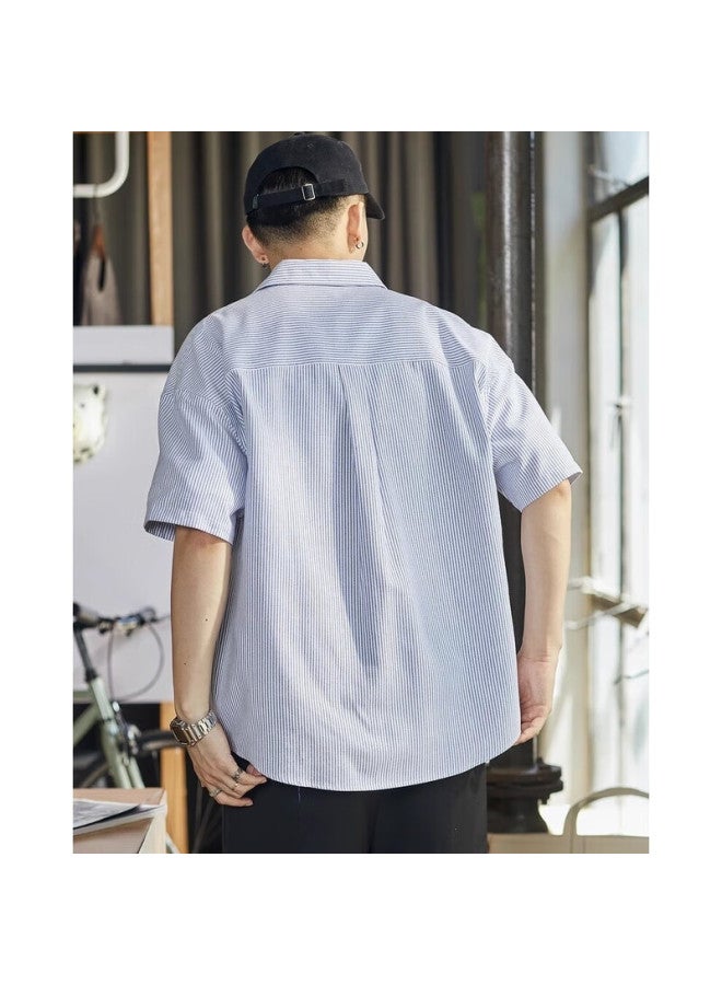 Tonlion Men's Turndown Collar Striped Short-sleeve Shirt, Sky Blue, L - Image 4
